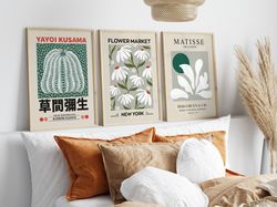 Green Exhibition Poster Set of 3 Captivating Matisse Gallery Wall, Yayoi Kusama Pumpkin Print for your Bedroom Decor, Fl