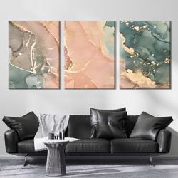 Green fluid wall art prints Over the bed wall art set Living room pink set of 3 canvas Abstract 3 piece wall decor Bedro