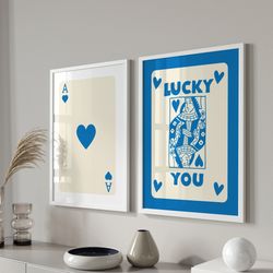 Trendy Retro Wall Art Set Of 3, Retro Trendy Aesthetic Print, Blue Ace Card Poster, Lucky You Poster, Trendy Wall Art, F