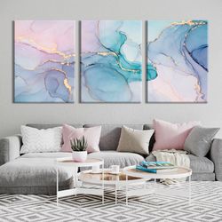 Light blue fluid wall art prints Over the bed wall art set Living room set of 3 canvas Abstract 3 piece wall decor Bedro
