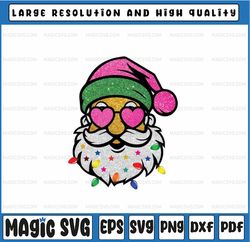 Santa with Sunglasses Christmas Png, Cute Christmas Png Digital Design Cheerful Sparkly Glitter Christmas Lights Pink Sa