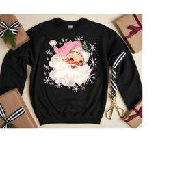 pink santa hat sweatshirt, pink christmas, holiday clothing, gift for women, vintage santa shirt, retro pink santa shirt