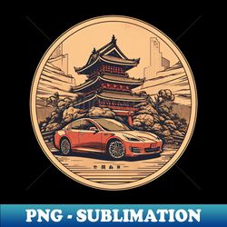 Tesla Model 3 inspired car in front of an ancient chinese temple - Modern Sublimation PNG File - Create with Confidence