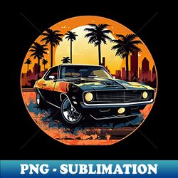 Chevrolet inspired car in front of a vintage retro sunset and palm trees - Exclusive PNG Sublimation Download - Unlock Vibrant Sublimation Designs