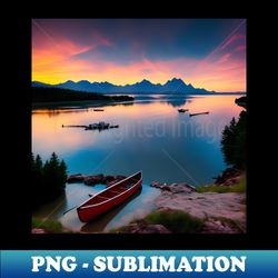 Sunset Over a Lake Landscape With a Lone Sailboat or Canoe Ai Generated Art - Elegant Sublimation PNG Download - Enhance Your Apparel with Stunning Detail