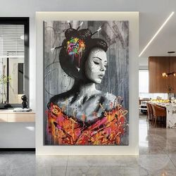 Asian Girl And Graffiti Modern Design Wall Painting, Wall Art Canvas, Canvas Print, Ready To Hang Wall Print, Design Can
