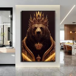King Bear Modern Design Canvas Print Painting, Wall Art Canvas, Canvas Print, Modern Wall Art, Ready To Hang Canvas Pain
