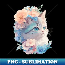Cute Cat Watercolor Painting with Floral Splash - Retro PNG Sublimation Digital Download - Unleash Your Creativity