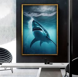 Shark And Waves Wall Decor, Modern Canvas Print Wall Painting, Ready To Hang Framed Paintings, Animal Painting Shark Pos