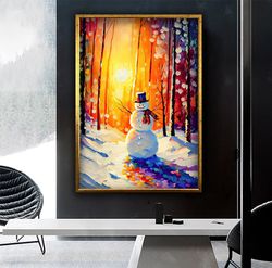 Snowman And Sunset Canvas Print Wall Decor, Forest Winter Landscape, Ready To Hang Canvas Painting, New Year Gift Wall D