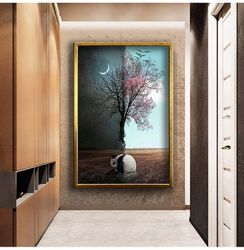 Night And Day Scenes Under The Tree Panda Picture Canvas Print Wall Decor, Wall Art Canvas, Ready To Hang Canvas Paintin