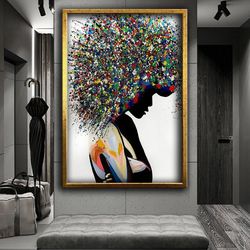 Colorfull Afro Hairstyle Woman Abstract Design Canvas Painting, Graffiti Woman Wall Art Canvas, Canvas Painting Ready To