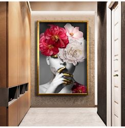 Red And White Flower Head Woman Wall Art, Roses And Woman Print Frame Painting, Picture Of Woman With Flowers, Ready To