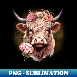 Highland Cow with Pink Flowers - PNG Transparent Sublimation File - Boost Your Success with this Inspirational PNG Download