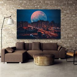 surreal night city mural art, night city canvas print, planet night city canvas wall decor, ready to hang wall print,