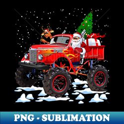 Monster Red Truck With Santa Christmas Tree Reindeer - Decorative Sublimation PNG File - Bold & Eye-catching