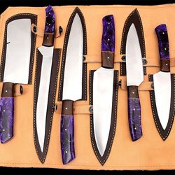 Custom Handmade D2 Chef Set/Kitchen Knives 6 Piece, Handle Walnut Wood,Purple Resin, Anniversary Gift, Am industry