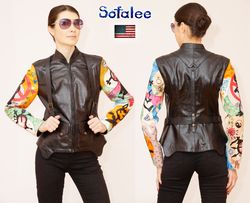 Exclusive women's handmade genuine black leather jacket bright applications sleeves. Painting lamb on leather clothes.