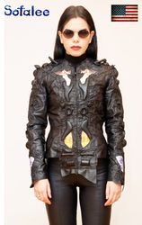 Women's short handmade jacket of genuine leather black color cyberpunk style. Cosmic futuristic design leather clothes