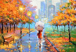 Autumn rain park Painting print Cityscape Original Art Landscape Wall Art Impasto Artwork poster 16 by 16 in