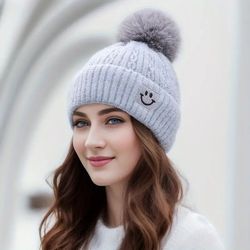 Smiling Face Pattern Twisted Knitted Winter Hat with Pom Poms - Stylish and Warm Beanie for Festive Occasions