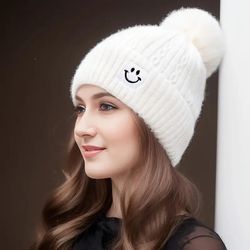 Women's Winter Hat, Smiling Face Pattern Twisted Knitted Hat WithPom Poms,Ear Protection Warm Beanie Hat