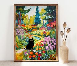 Black Cat Print, Garden Flower Field Cat Poster, Cat Art, Floral Print, Funny Cat print gift, Fowers Poster, Black Kitte