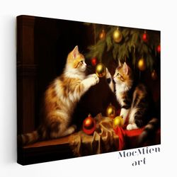 Kittens Play with Christmas Ornaments in Cottagecore Room Vintage Christmas Canvas Poster Cat Wall Art Decor Oil Paintin