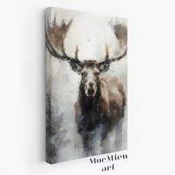 Majestic Reindeer Canvas Poster Deer Caribou Wall Art Portrait of Caribou Oil Painting Winter Decor Moody Wall Art MocMi