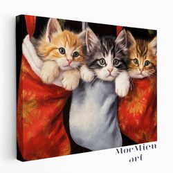 Adorable Cat Peacefully Sunbathing next to the Christmas Tree in a Cozy Cottagecore Room Wall Art Oil Painting Canvas Po