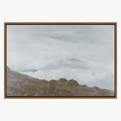 Brown Hill Over Foggy Terrain Scenic Landscape Illustrations Frame Large Wall Art, Green Art, Vintage Art, Minimalist Ar