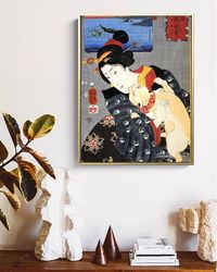 Japanese Woman and Cat Portrait Painting Poster, Vintage Wall Art Print, Unique Gifts