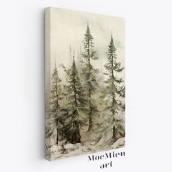 Snowy Forest Vintage Pine Trees Canvas Poster Natural Wall Art Christmas Wall Art and Decor in Oil Painting Retro Style