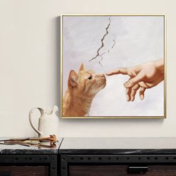 The Creation of Adam and Cat, Original Oil Painting Cat Portrait Poster, Unique Gifts