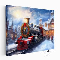Vintage Classic Steam Train Wall Art with Christmas Trees and Farmhouses Canvas Poster Oil Painting Cottagecore Decor Mo