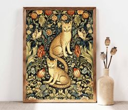 William Morris Inspired Poster, Cats and Flowers Print, Morris Art, Art Nouveau Floral Print, Botanical Vintage Art Nouv