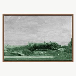 Dark Green Forest on a Cloudy Day Scenic Landscape Illustrations Frame Large Wall Art, Green Art,Vintage Art,Minimalist