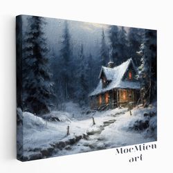 Farm House In The Wood Canvas Poster Wall Art Oil Painting Winter Art Cottagecore Decor Canvas Poster Moody Wall Art Moc