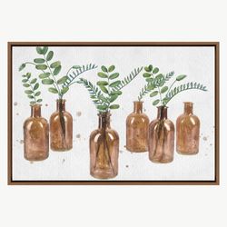 Wall Art Eucalyptus Leaves in Brown Glass Vases Botanical Plants Illustrations Modern Canvas Art, Frame Large Wall Art,