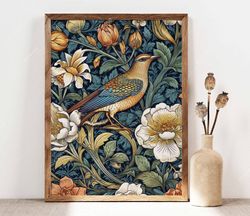 William Morris Inspired Poster, Bird and Flowers Print, Morris Art, Art Nouveau Floral Print, Botanical Vintage Art Nouv