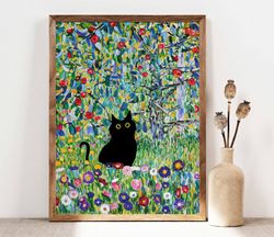 Gustav Klimt Garden Cat Print, Apple Tree Cat Poster, Black Cat Art, Floral Print, Funny Cat print, Funny gift, Home dec