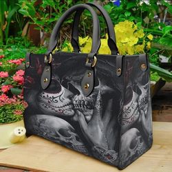 Sugar Skull Couple Kissing Leather Bag Handbag, Skull Women Handbag, Custom Leather bag