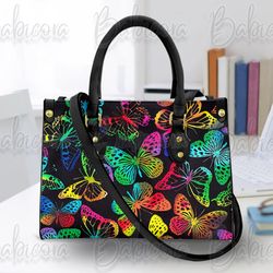 Butterflies Leather Handbag Wallet, Colorful Butterfly Shoulder Bag, Custom Bag