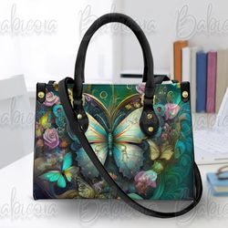 Butterfly Landscape Leather Handbag Wallet, Colorful Butterfly Shoulder Bag, Custom Bag