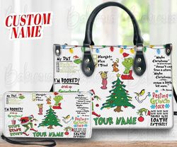 Custom Name Grinch Christmas Leather Bag Wallet, Grinchmas Women Shoulder Bag, Grinch Handbag