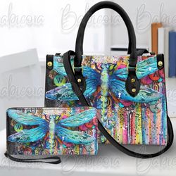 Dragonfly Leather Handbag Wallet, Colorful Dragonfly Shoulder Bag, Custom Bag