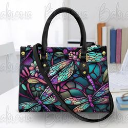 Dragonfly Stained Glass Leather Handbag Wallet, Colorful Dragonfly Shoulder Bag, Custom Bag