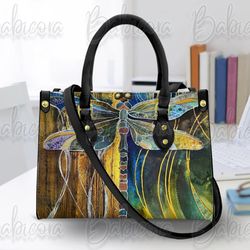 Dragonfly Leather Handbag Wallet, Colorful Dragonfly Shoulder Bag, Custom Bag