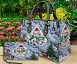Grinch 3D Christmas Leather Bag Wallet, Grinchmas Women Shoulder Bag, Grinch Handbag