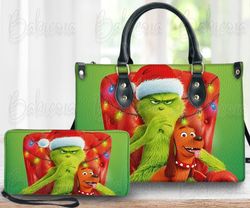 grinch and max christmas leather bag wallet, grinchmas women shoulder bag, grinch max handbag